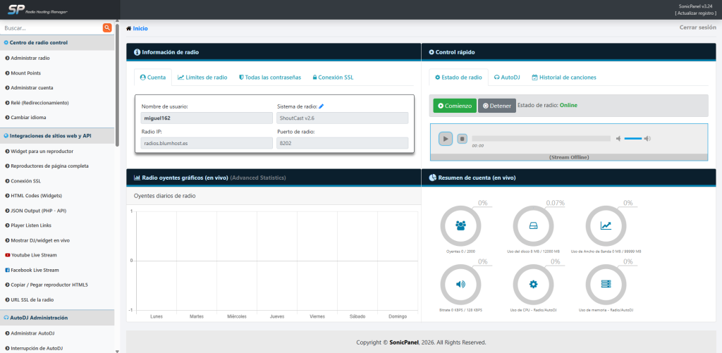 Opciones del panel de control SonicPanel