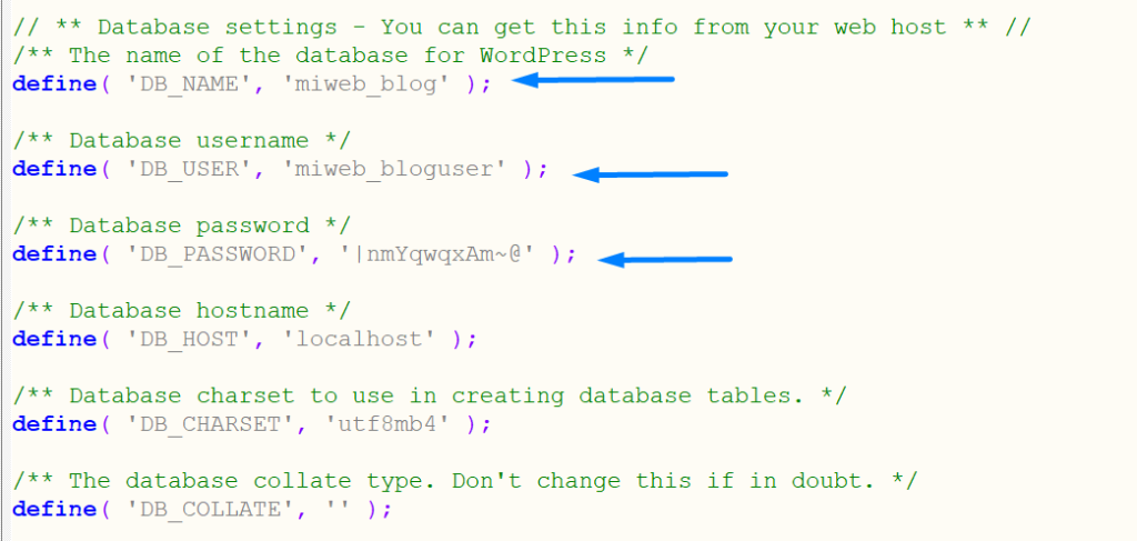 Datos de conexión a base de datos wordpress blumhost