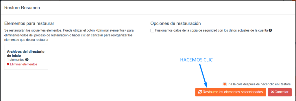 Jetbackup confirmar restauracion blumhost