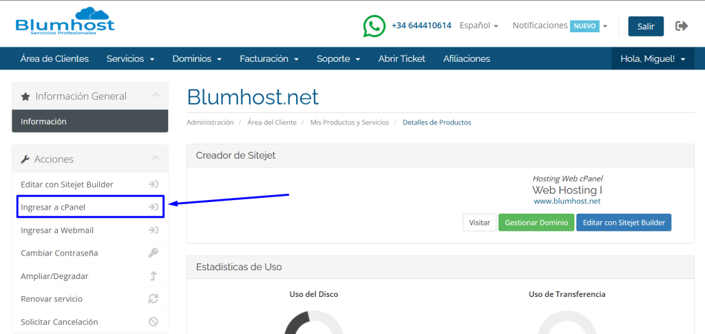Acceder a cpanel desde área de cliente de blumhost